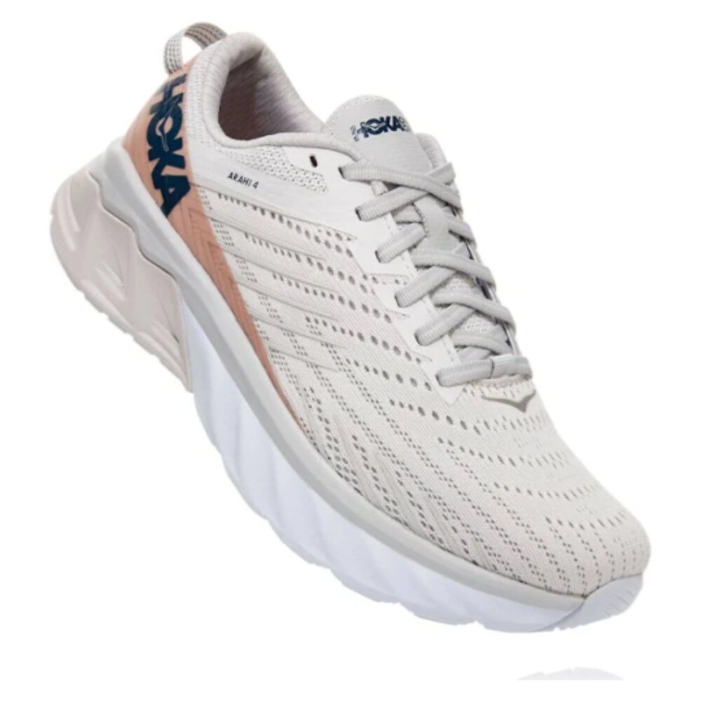 Hoka One One Arahi in Light Grey and Pink on Ankles
